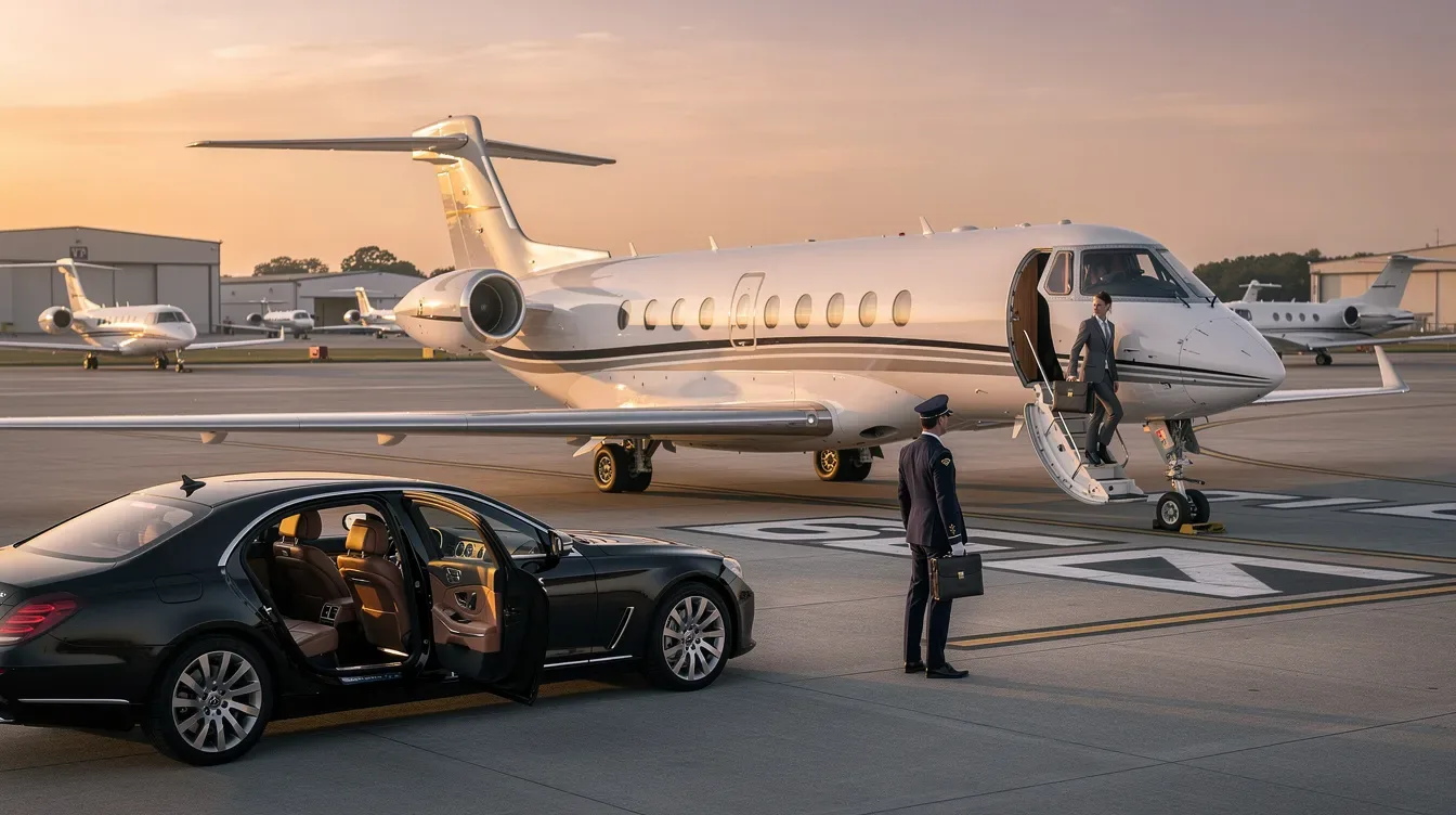 Privatjet mit Limousine auf dem Rollfeld